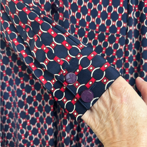 Valencia Dark Academia Retro Midi Dress Navy Red Geometric Chain Print - Picture 5 of 13